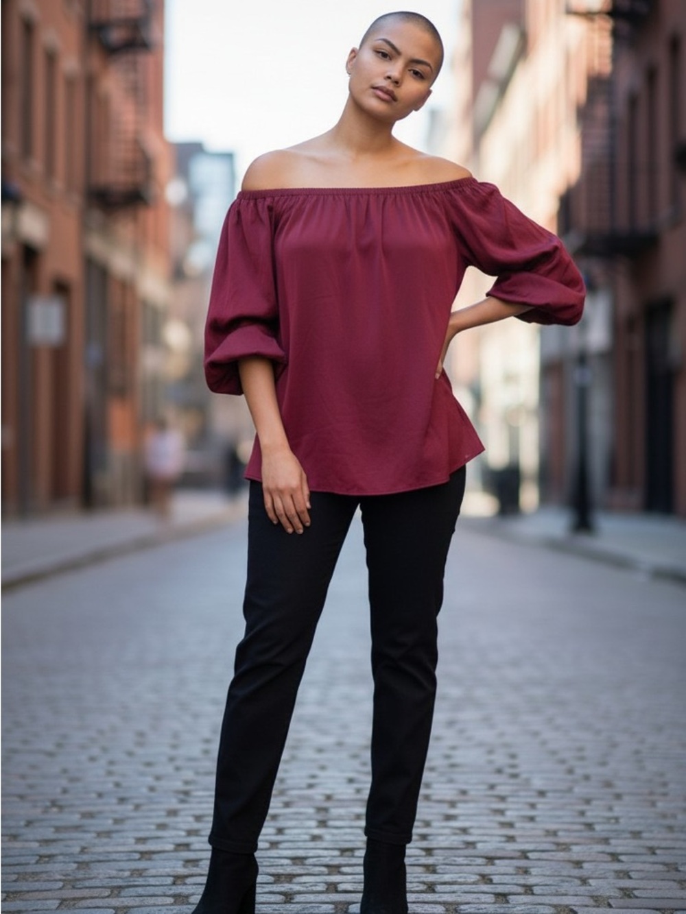 *New With Tag* Love Riche Off-Shoulder Puff Sleeve Top in Wine/Burgundy